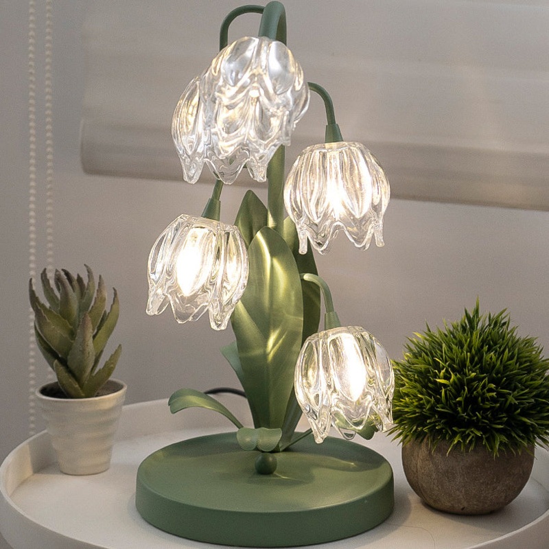 Contemporary Creative Tulip Flower Iron Glass USB 1-Light Table Lamp For Bedroom