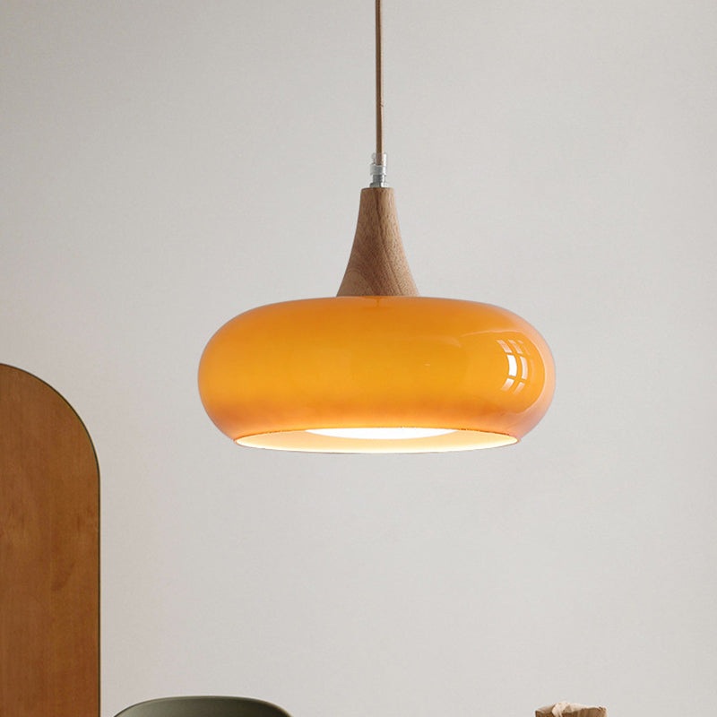Contemporary Nordic Cream Persimmon Wood Glass 1-Light Pendant Light For Dining Room