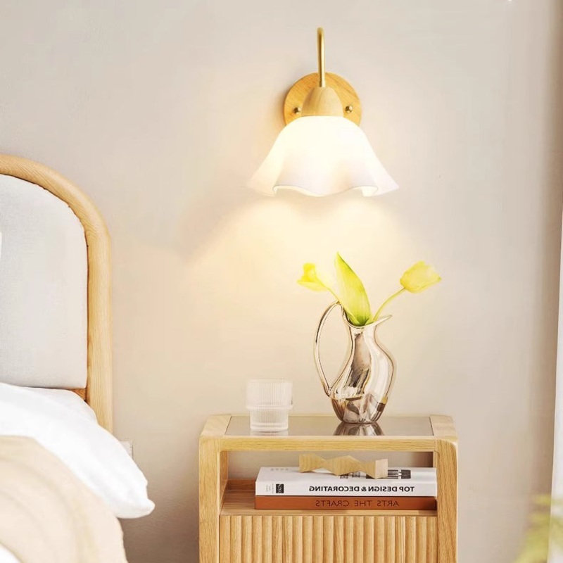 Contemporary Nordic Flower Curved Pole Acrylic Shade Wood Frame 1-Light Wall Sconce Lamp For Bedroom