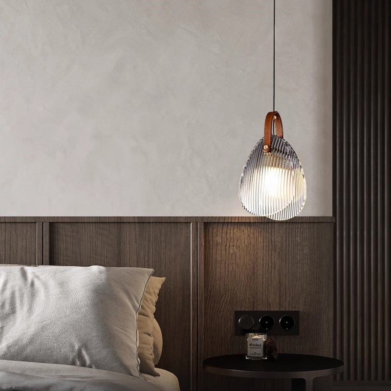 Contemporary Nordic Leather Vertical Striped Glass Round Shade 1-Light Pendant Light For Bedroom