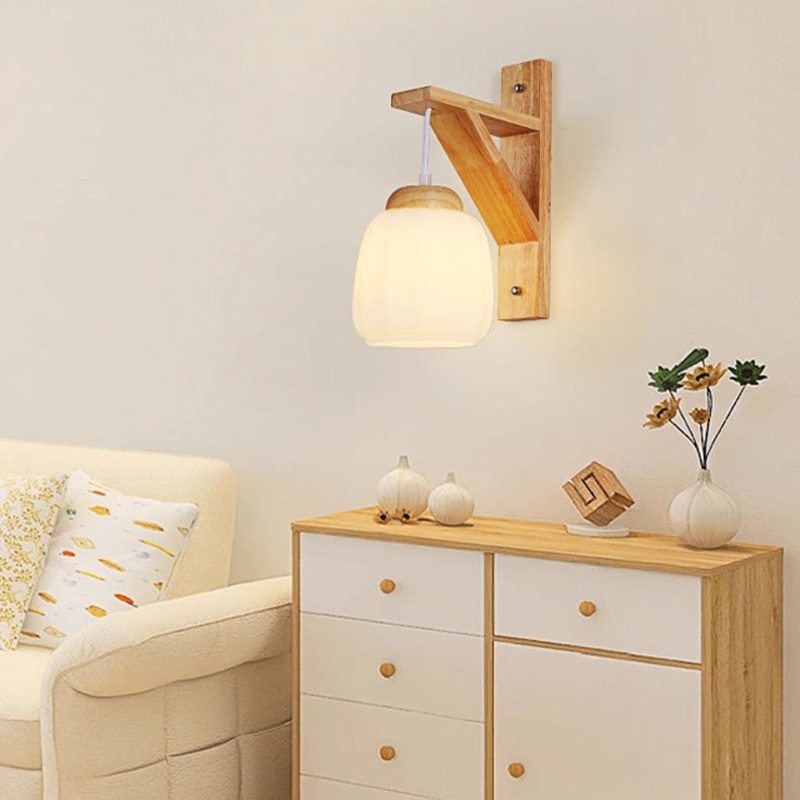 Contemporary Nordic Tripod Base Round Floral Fabric Glass Shade Wood 1-Light Wall Sconce Lamp For Bedroom
