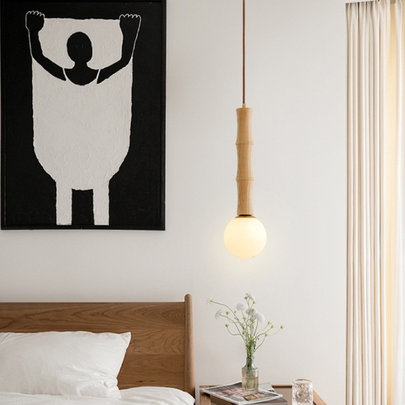 Contemporary Retro Cylinder Bamboo Shape Solid Wood 1-Light Pendant Light For Living Room
