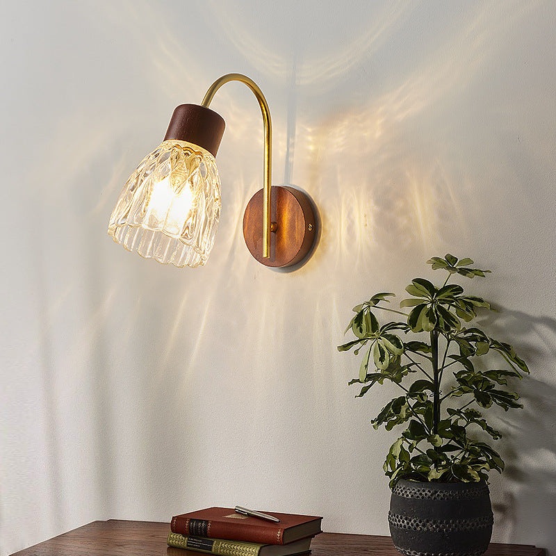 Traditional Vintage Drum Iron Wood Glass 1-Light Wall Sconce Lamp For Living Room