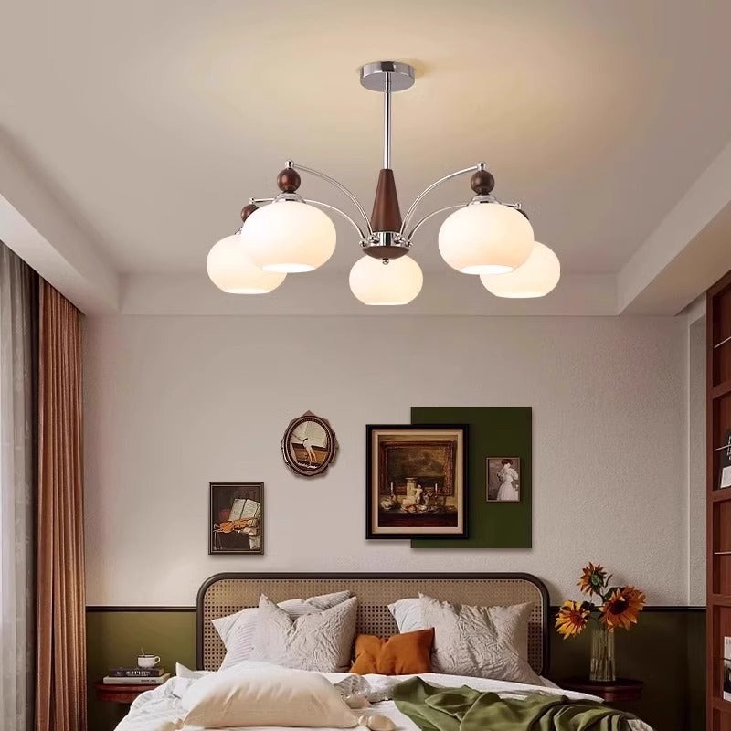 Traditional Vintage Oval Branch Ball Round Table Iron Wood Glass 5/8 Light Chandelier For Living Room