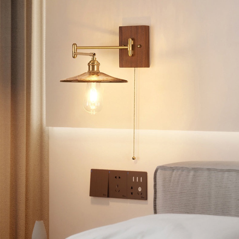 Traditional Vintage Swingable Square Base Conical Glass Shade Wooden Copper 1-Light Wall Sconce Lamp For Bedroom