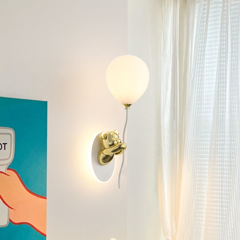 Contemporary Creative Resin Cartoon Bear Glass Balloon Shade LED Wall Sconce Lamp For Bedroom
