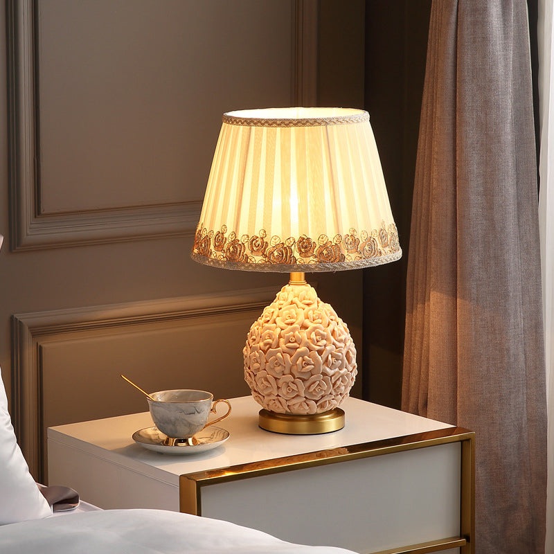Contemporary Creative Rose Vase Base Cylinder Copper Ceramic Fabric 1-Light Table Lamp For Bedroom