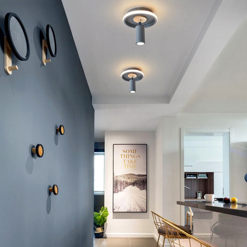 Contemporary Scandinavian Round Cylinder Iron Wood Acrylic LED Spotlight Semi-Flush Mount Ceiling Light For Bedroom