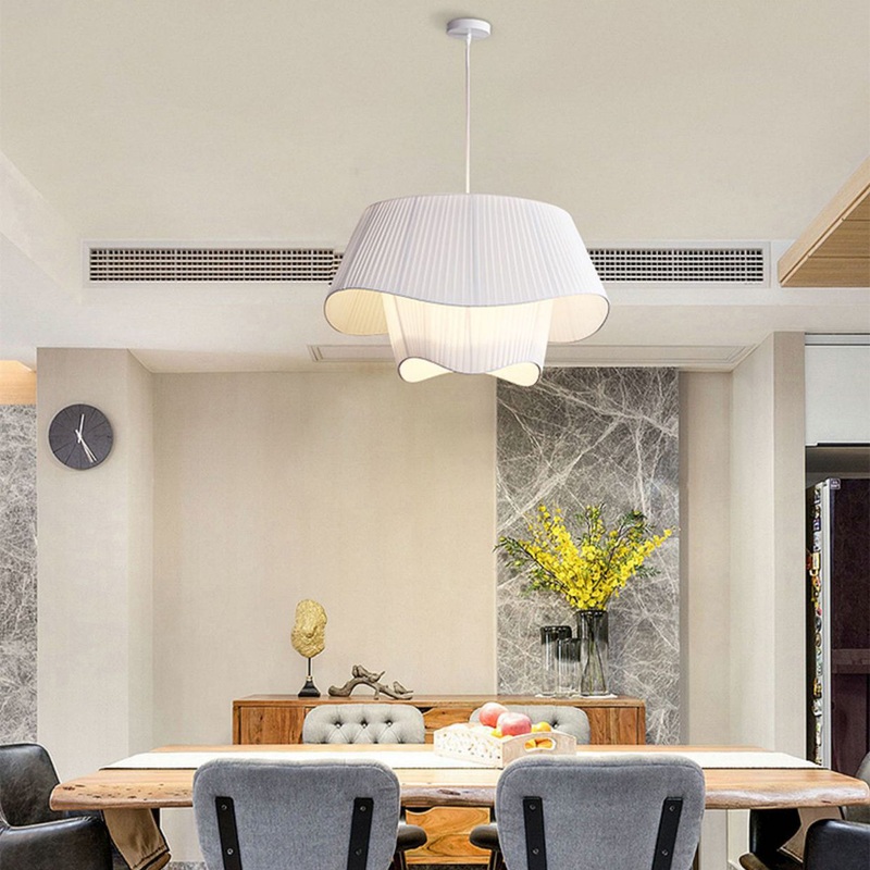 Contemporary Scandinavian Round Table Double Layer Wave Base Iron Fabric Acrylic 4-Light Pendant Light For Living Room