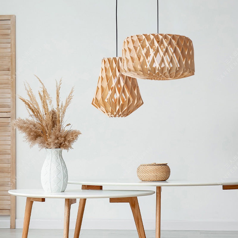 Modern Minimalist Round Diamond Solid Wood Skeleton 1-Light Pendant Light For Living Room