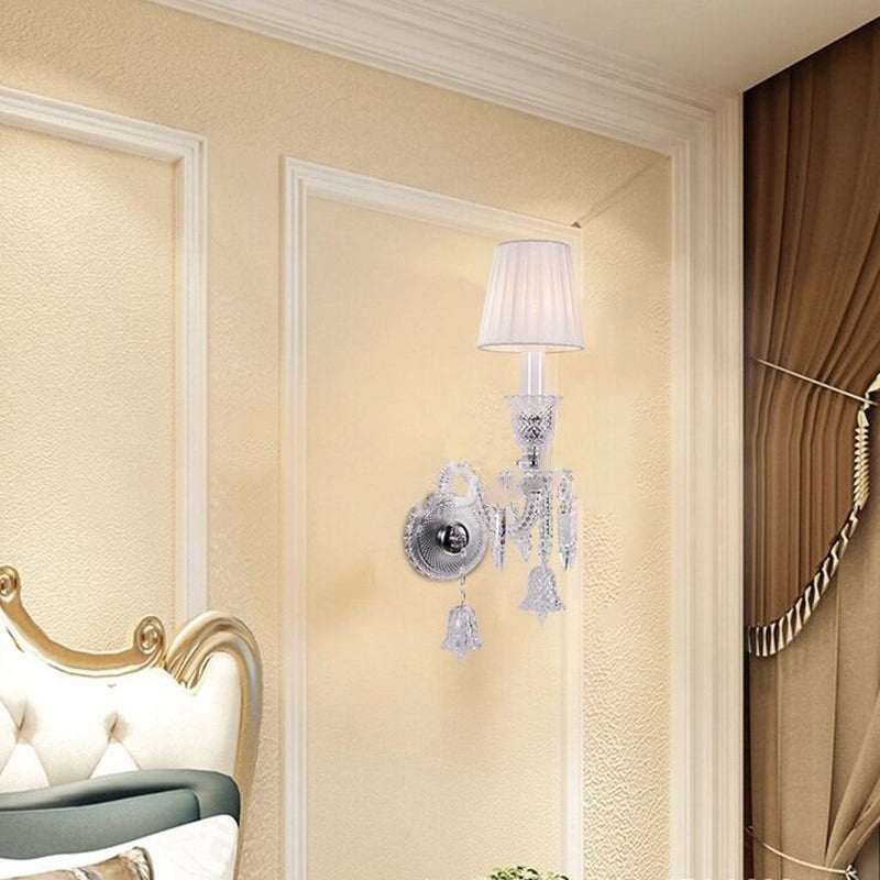 Traditional European Glass Crystal Candlestick Fabric Shade 1/2-Light Wall Sconce Lamp For Living Room