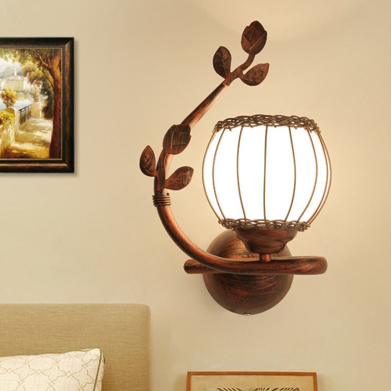 Traditional Rustic Iron Frame Rattan Weaving Glass Cup Shade 1-Light Wall Sconce Lamp For Living Room