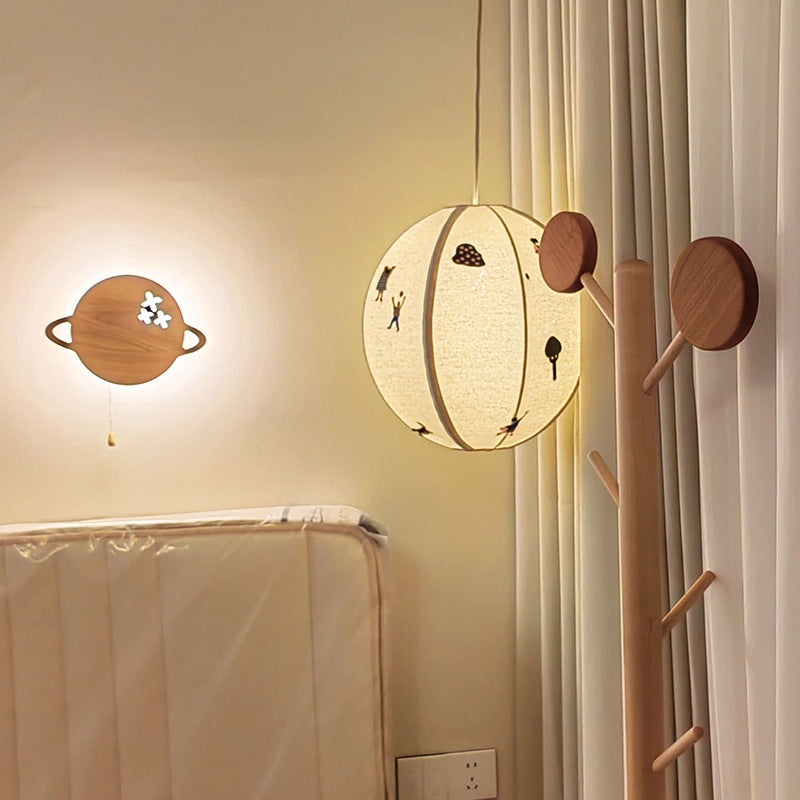 Traditional Vintage Globe Kids Embroidered Cotton Linen Shade Iron Frame 1-Light Pendant Light For Bedroom