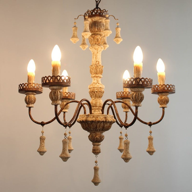 Traditional Vintage Metal Wood Candlestick Bent Carving Arm 6-Light Chandeliers For Living Room