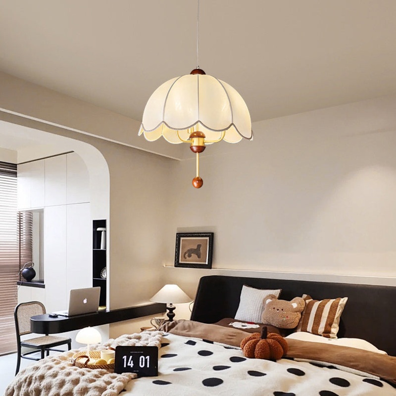 Traditional Vintage Round Dome Floral Print Full Copper Fabric Shade 3-Light Pendant Light For Living Room