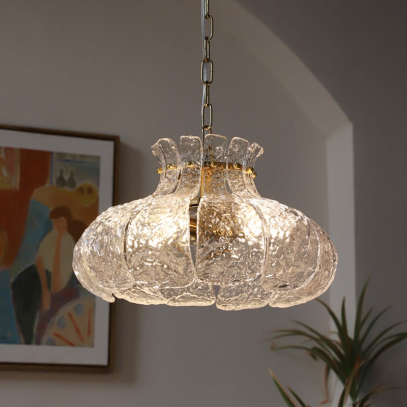 Traditional Vintage Round Floral Iron Glass 4-Light Pendant Light For Living Room