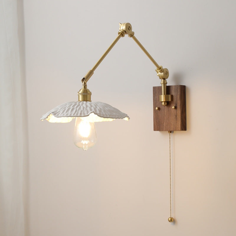 Traditional Vintage Swing Arm Long Pole Round Pleated Ceramic Shade Wood Brass 1-Light Wall Sconce Lamp For Living Room