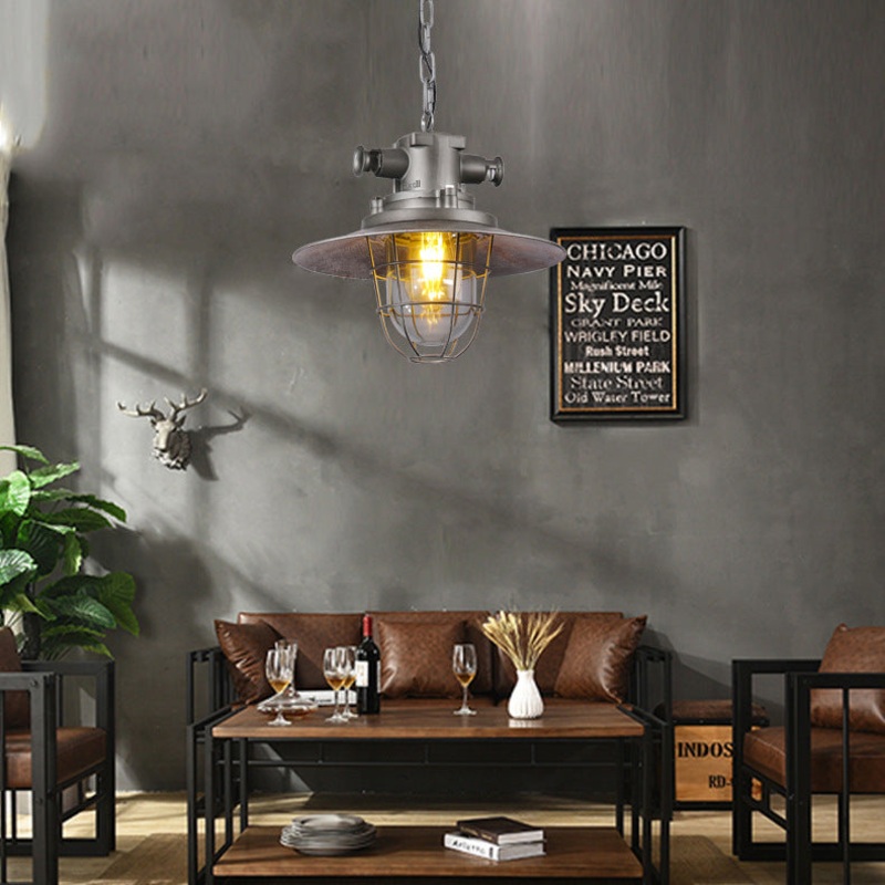 Contemporary Industrial Round Iron Cage Glass 1-Light Pendant Light For Living Room