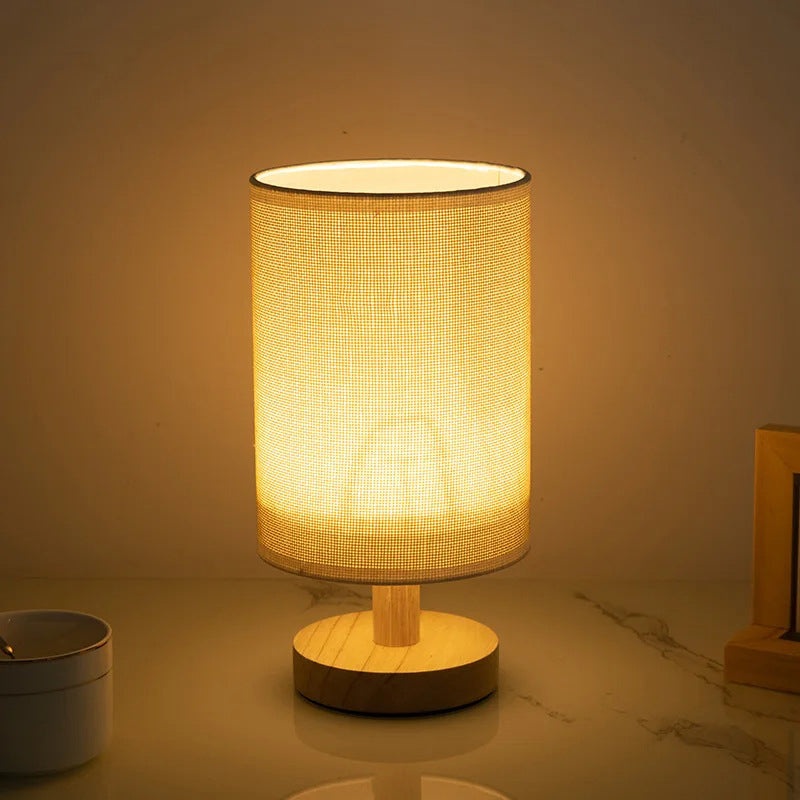 Contemporary Nordic Cylinder Solid Wood Fabric LED Table Lamp For Bedroom