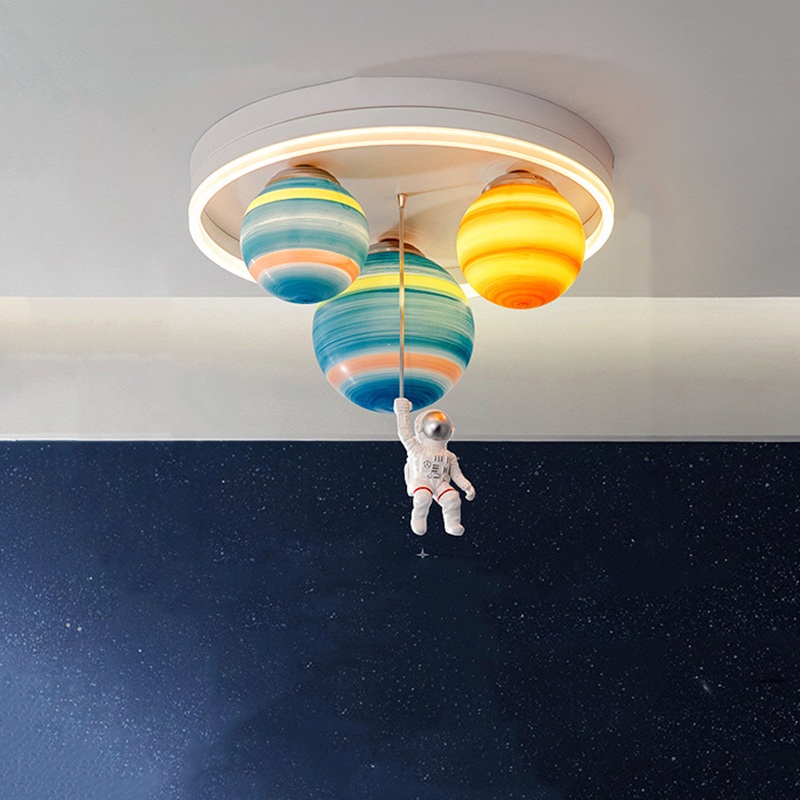 Modern Art Deco Kids Planet Astronaut Round Resin Iron LED Flush Mount Ceiling Light For Living Room