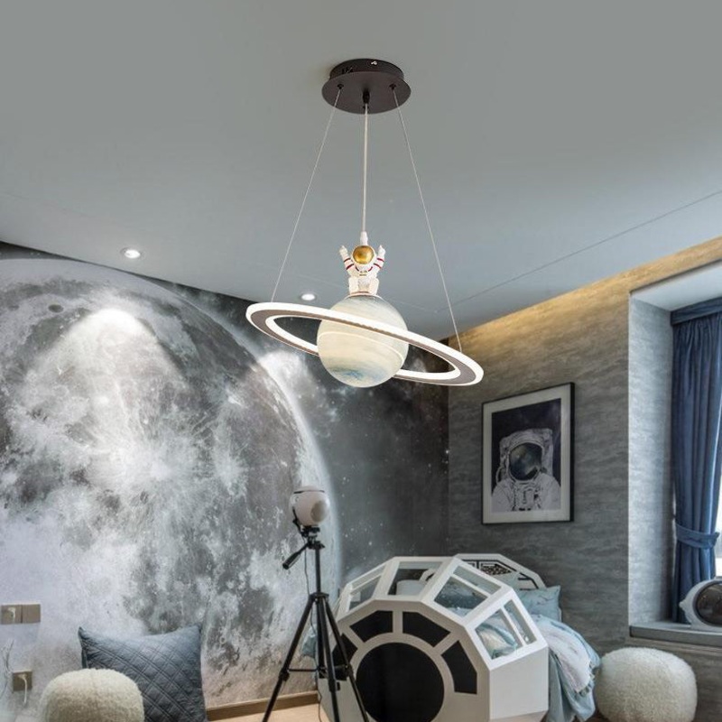 Modern Art Deco Kids Round Planet Spaceman Acrylic Iron LED Chandelier For Living Room