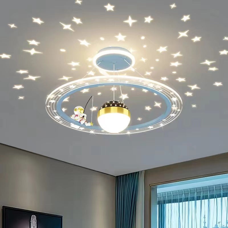 Modern Minimalist Kids Astronaut Stars Round Orb PC Wood LED Chandelier For Living Room