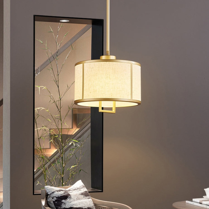 Traditional Chinese Drum Cylinder Iron Brass Fabric 1-Light Pendant Light For Bedroom