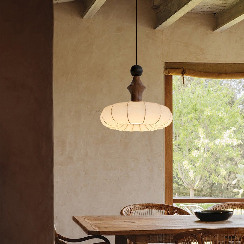 Traditional French Circle Iron Wood Frame Silk Shade 1-Light Pendant Light For Living Room