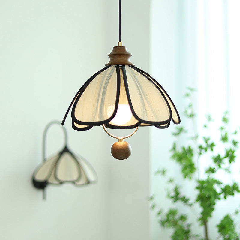 Traditional French Petal Round Wooden Iron Fabric 1-Light Pendant Light For Living Room