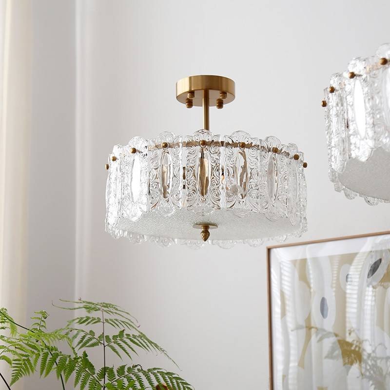 Traditional French Round Copper Glass 5/6/8-Light Semi-Flush Mount Ceiling Light For Living Room