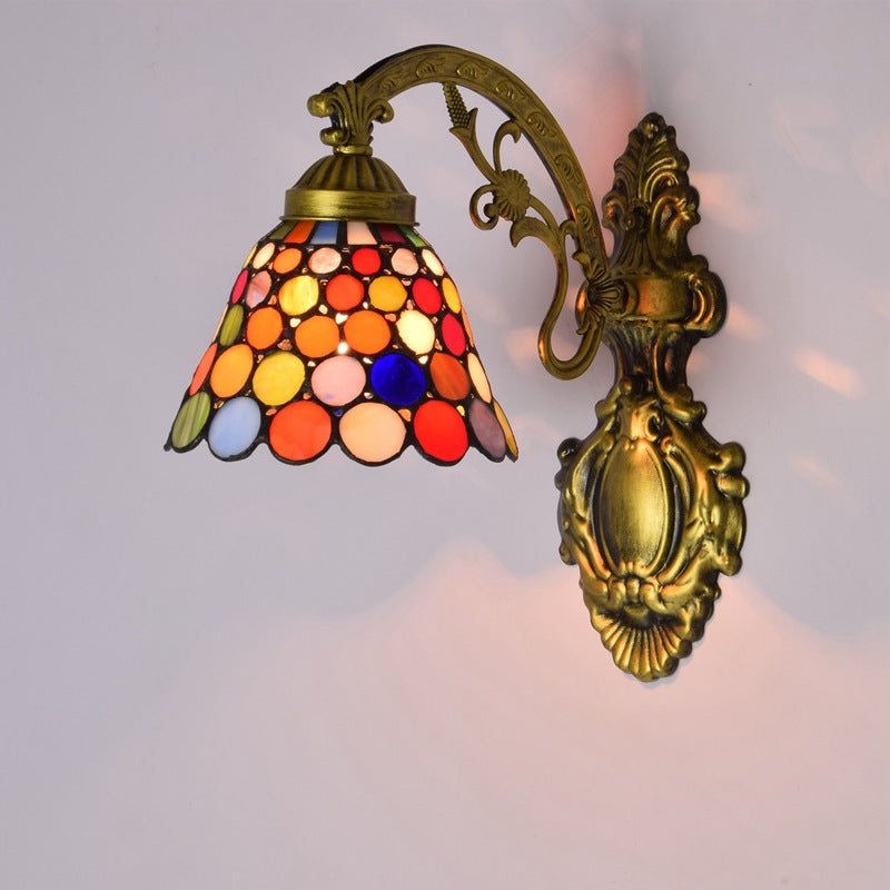 Traditional Tiffany Carved Curved Pole Cone Stained Glass Iron 1-Light Wall Sconce Lamp For Living Room