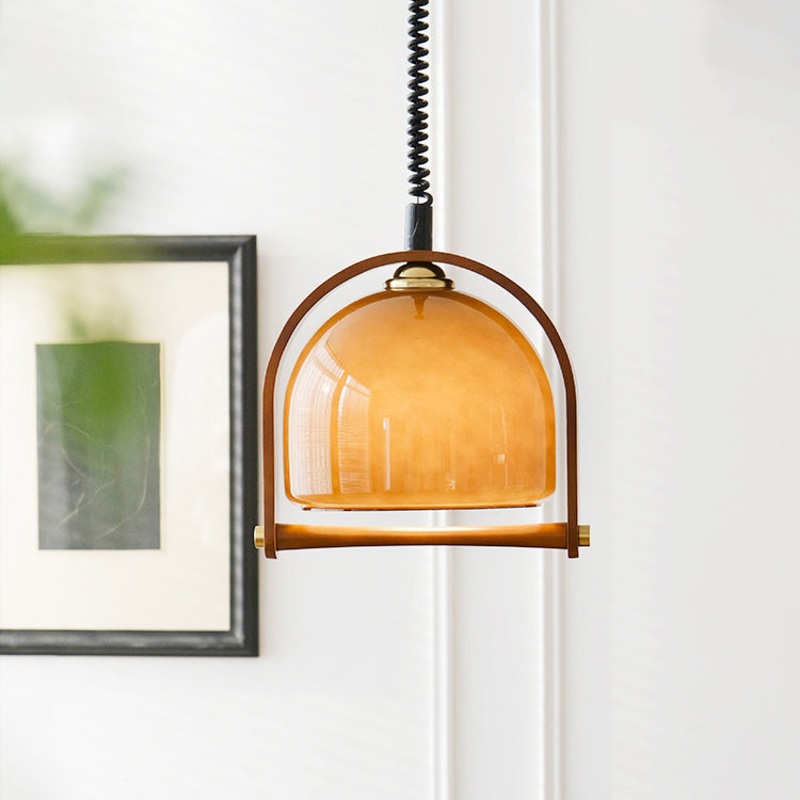Traditional Vintage Dome Solid Wood Glass 1-Light Pendant Light For Bedroom