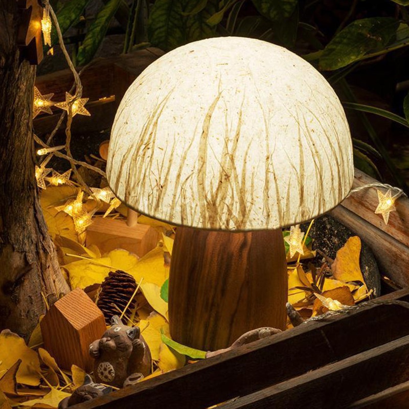 Traditional Vintage Mushroom Paper Solid Wood 1-Light Table Lamp For Bedroom