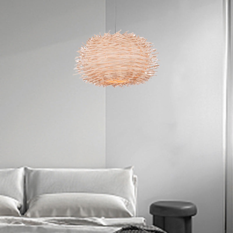 Contemporary Creative Bird's Nest Shape Round Rattan 1-Light Pendant Light For Dining Room