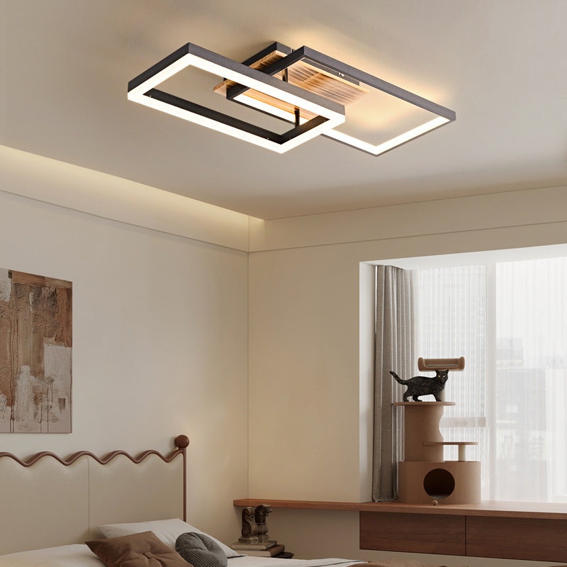 Contemporary Creative Combination Square Rectangular Wood Grain Aluminum Acrylic LED Semi-Flush Mount Ceiling Light For Living Room