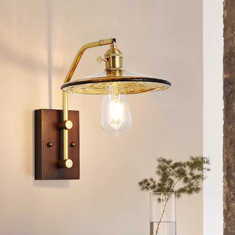 Contemporary Nordic Flying Saucer Rubberwood Iron Glass 1-Light Wall Sconce Lamp For Bedroom