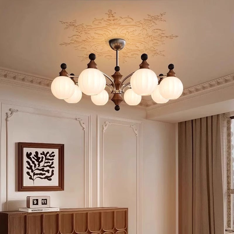 Contemporary Retro Branch Orb Glass Shade Wood Hardware Frame 3/5/8 Light Chandelier For Living Room