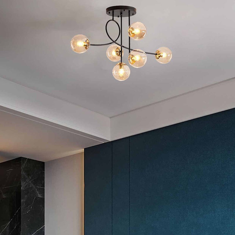 Contemporary Scandinavian Orb Curved Line Long Rod Disc Base Iron Glass 6-Light Chandelier For Living Room