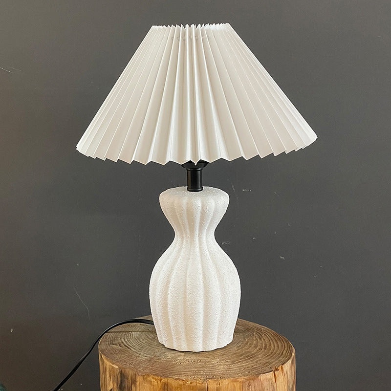 Contemporary Scandinavian Oval Bottle Striped Round Table Pleated Ceramic Fabric 1-Light Table Lamp For Bedroom