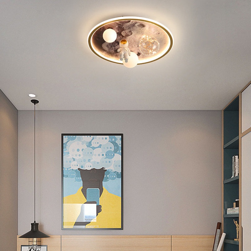 Modern Art Deco Kids Astronaut Planet Orb Round Acrylic Iron LED Flush Mount Ceiling Light For Bedroom