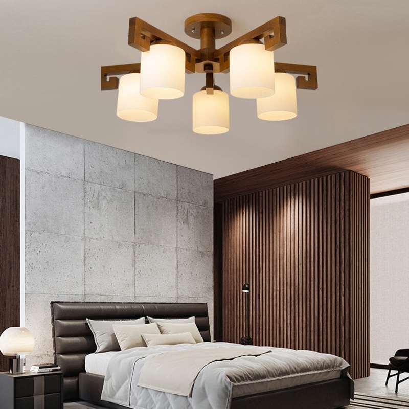 Traditional Chinese Branch Cylinder Round Glass Wood 5/8 Light Chandeliers For Living Room