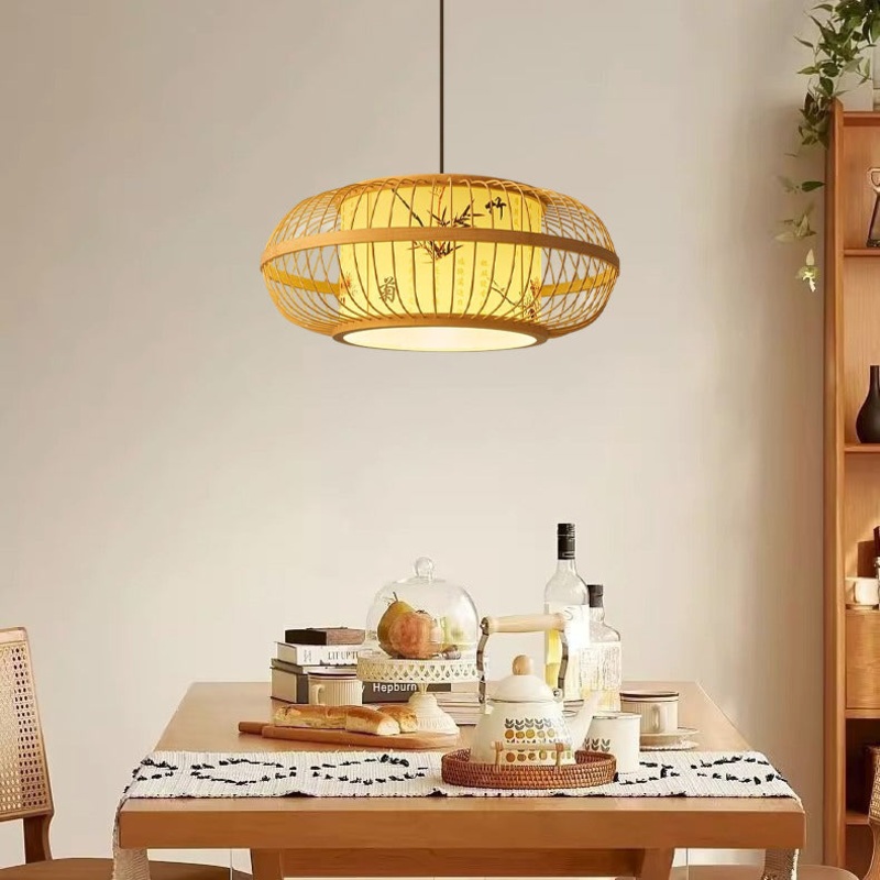 Traditional Chinese Weaving Iron Bamboo Parchment Lantern Cylinder 1-Light Pendant Light For Dining Room