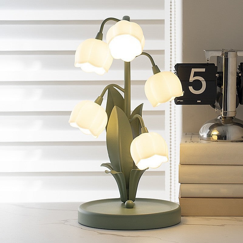 Traditional French Iron PC Glass Floral USB 5-Light Table Lamp For Bedside