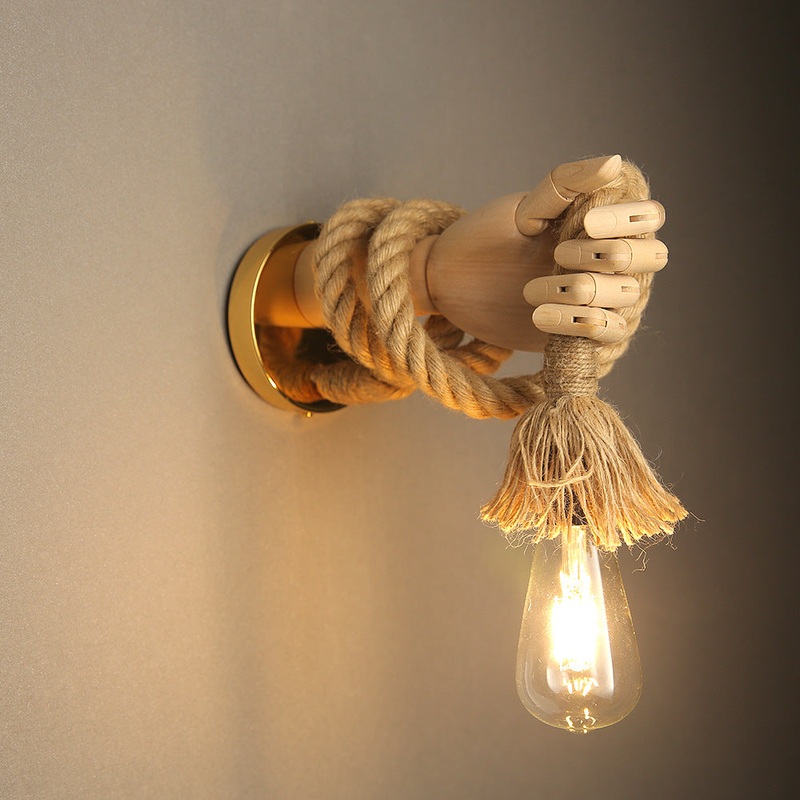 Traditional Vintage Mechanical Hand Iron Hemp Rope Solid Wood 1-Light Wall Sconce Lamp For Hallway