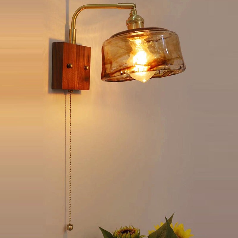 Traditional Vintage Square Cylinder Round Trapezoid Copper Glass 1-Light Wall Sconce Lamp For Bedroom