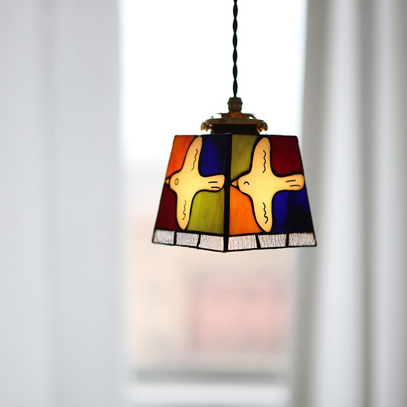 Traditional Vintage Square Peace Dove Copper Glass 1-Light Pendant Light For Living Room