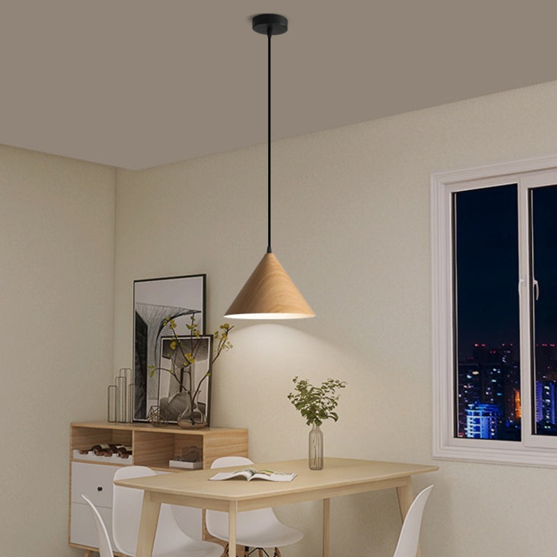 Contemporary Nordic Wood Grain Color Tapered Iron 1-Light Pendant Light For Living Room