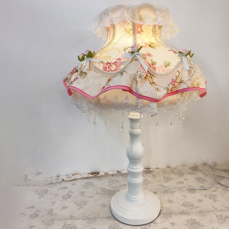 Modern Art Deco Round Lace Fabric Plastic 1-Light Table Lamp For Bedroom