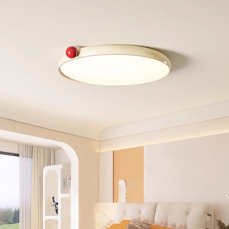 Modern Minimalist Cream Round Orb PVC Aluminum LED Flush Mount Ceiling Light For Living Room