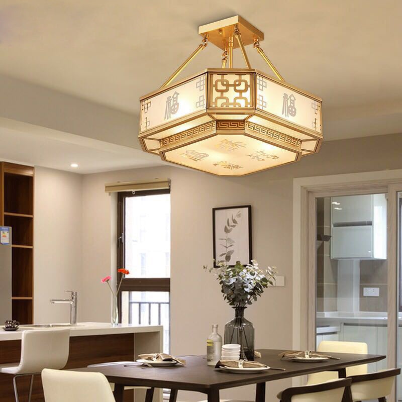 Traditional Chinese Octagon Printing Frosted Glass Brass 4-Light Chandelier For Living Room